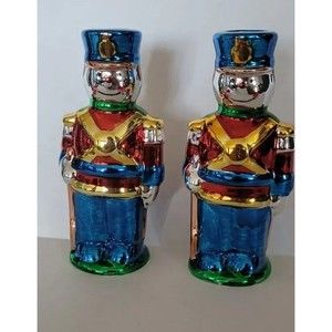 Lot of 2 Vintage Living Quarters Soldier Candle Holders Blue Red Green Gold